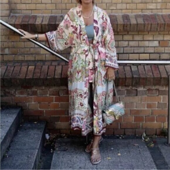 Zara Silky Floral Long Kimono Dress - Picture 2 of 9